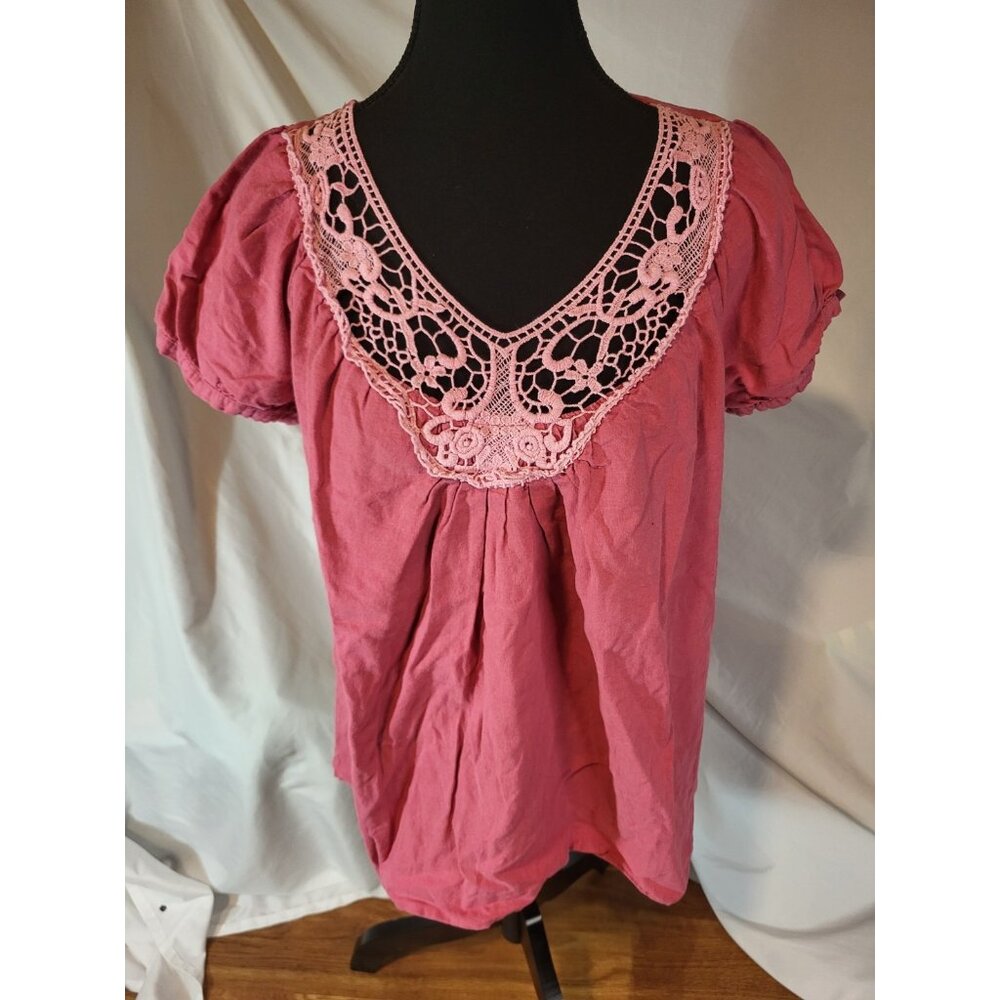 Tryst‎ Linen Blend Pink Crochet Size L Boho Top